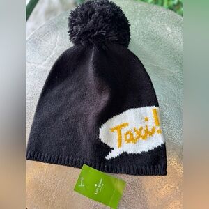 New Kate Spade Black Pom beanie with taxi graphic